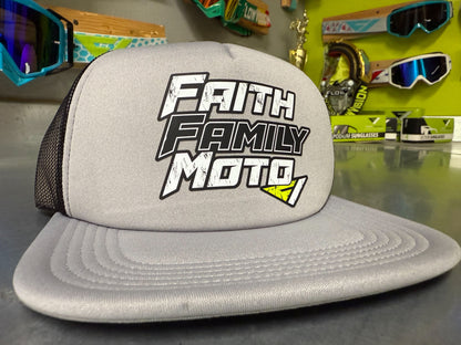 Faith Family Moto Trucker Hat – White & Grey | FlowVision