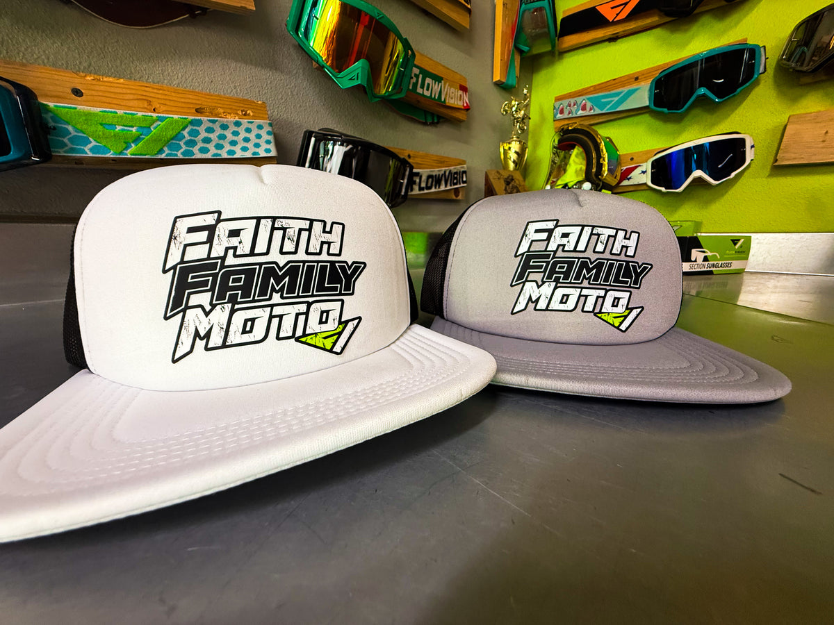 Faith Family Moto Trucker Hat – White & Grey | FlowVision