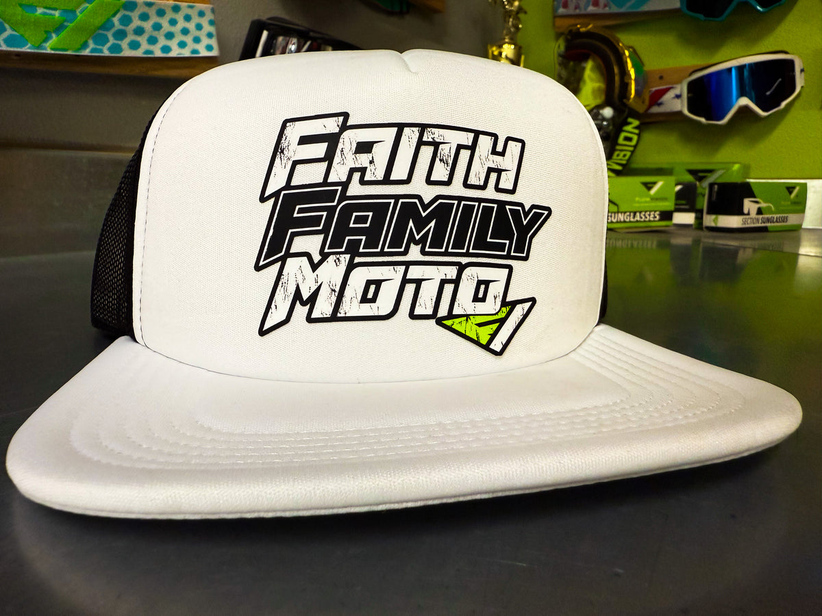 Faith Family Moto Trucker Hat – White & Grey | FlowVision